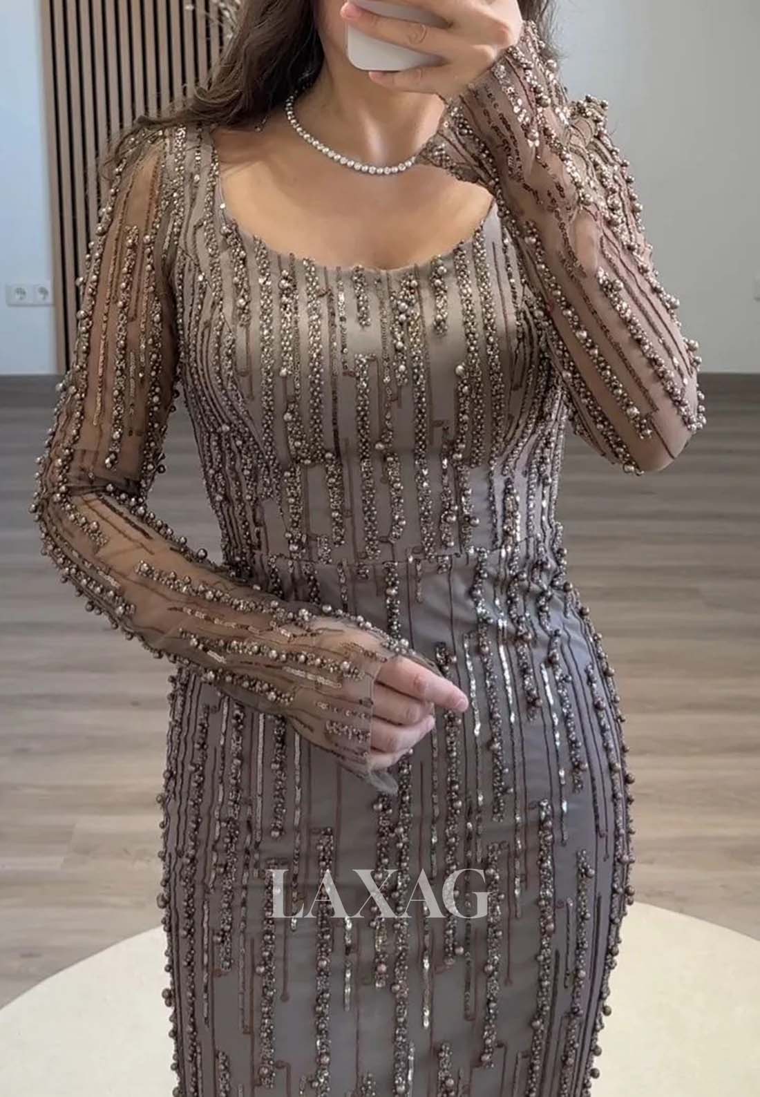 Scoop-Neck Long-Sleeves Formal Gowns Beaded Pleated Mermaid Evening Dress with Tulle Train