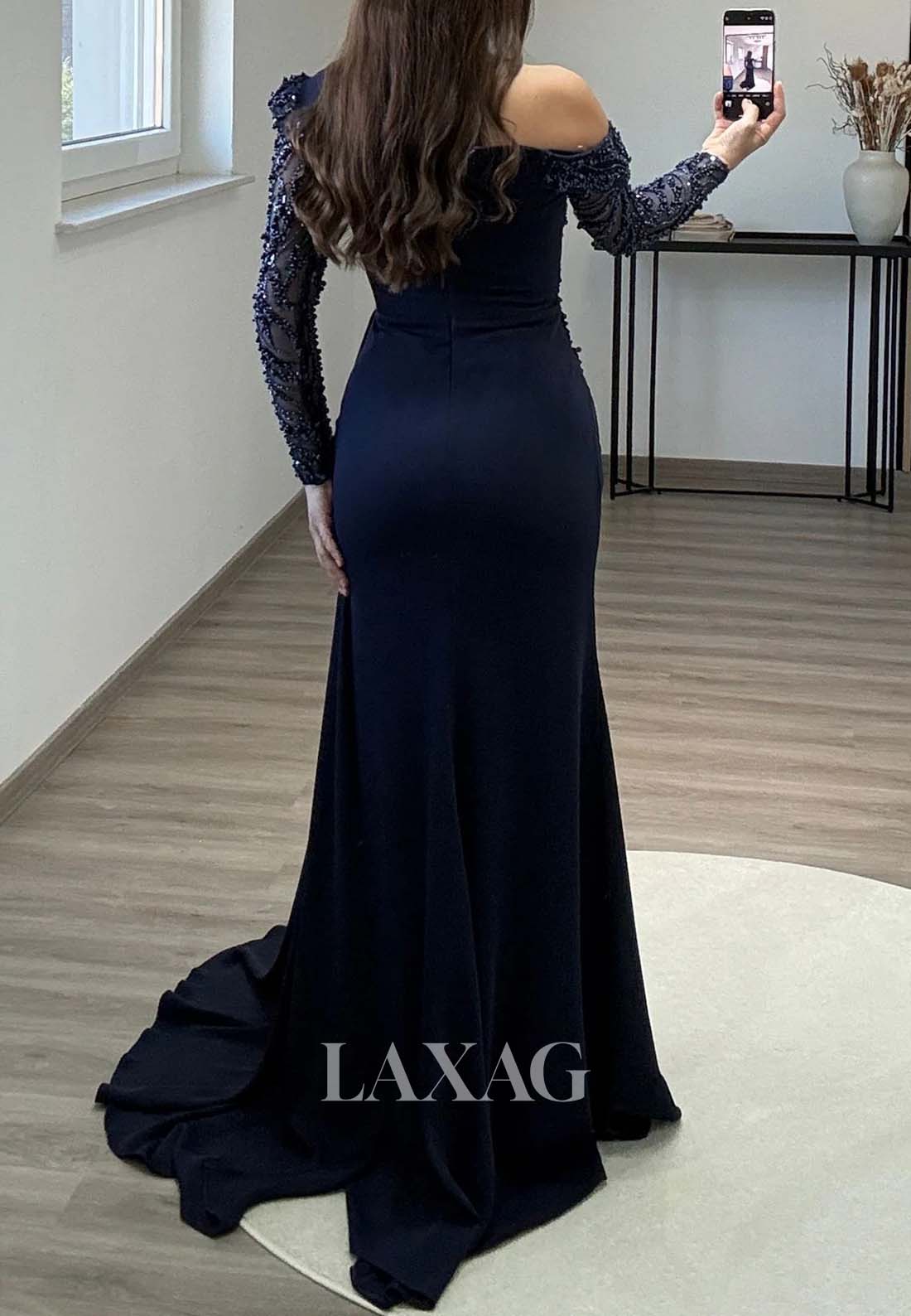 Long-Sleeves Beaded Pleated Formal Gowns Asymmetrical-Neck Sweep Train Mermaid Evening Dress
