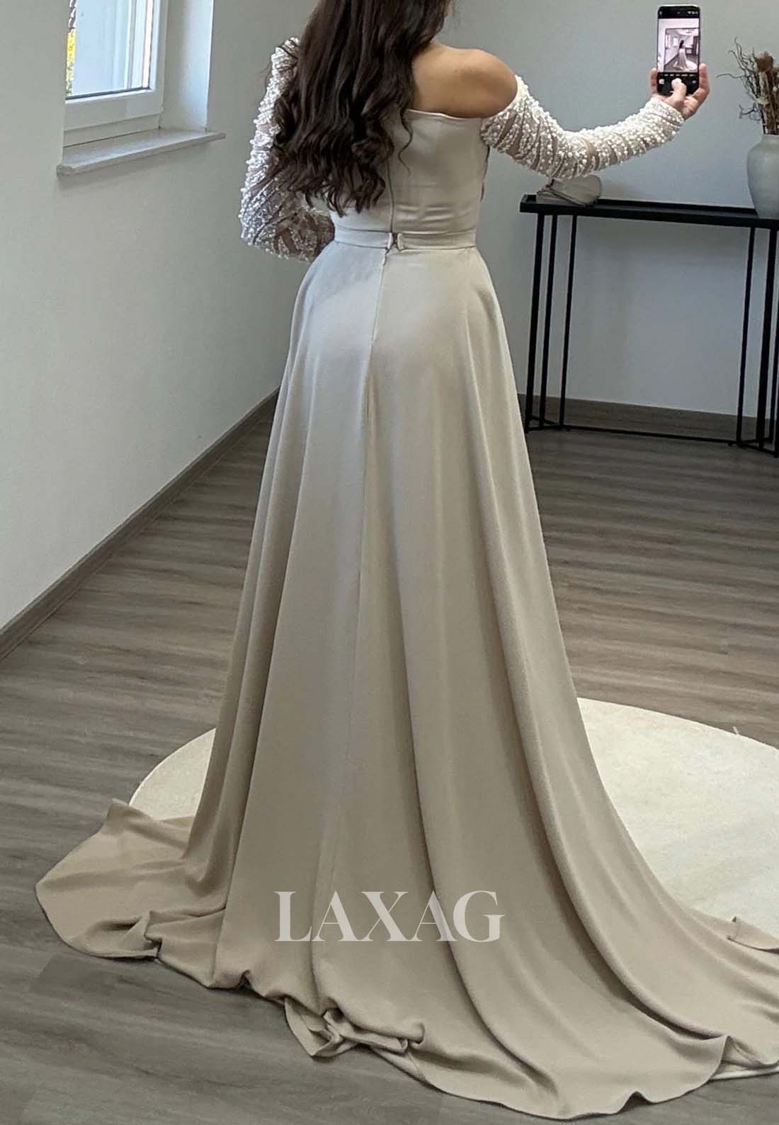 Asymmetrical-Neck Long-Sleeves Mermaid Evening Dress Beaded Pleated Formal Gowns with Satin Trian