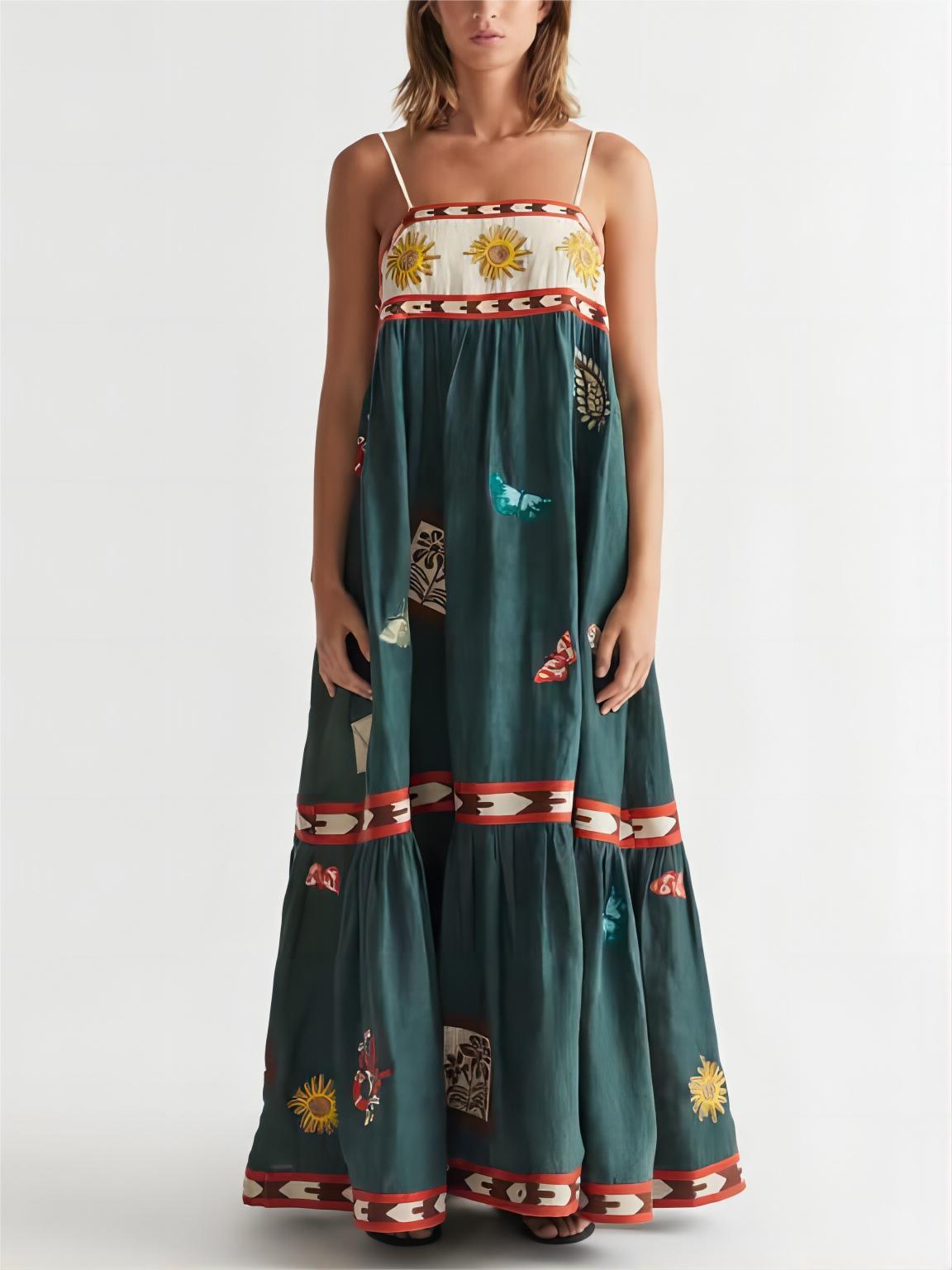 Fun Summer Unique Printed Midi Dress Dark Green