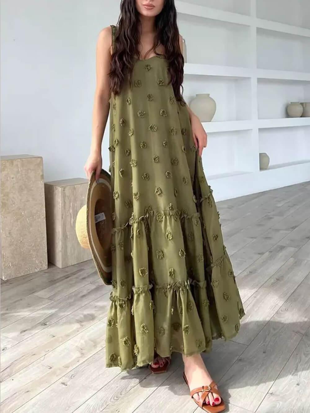 Flower Decor Pretty A-Line Layered Loose Maxi Dress Green