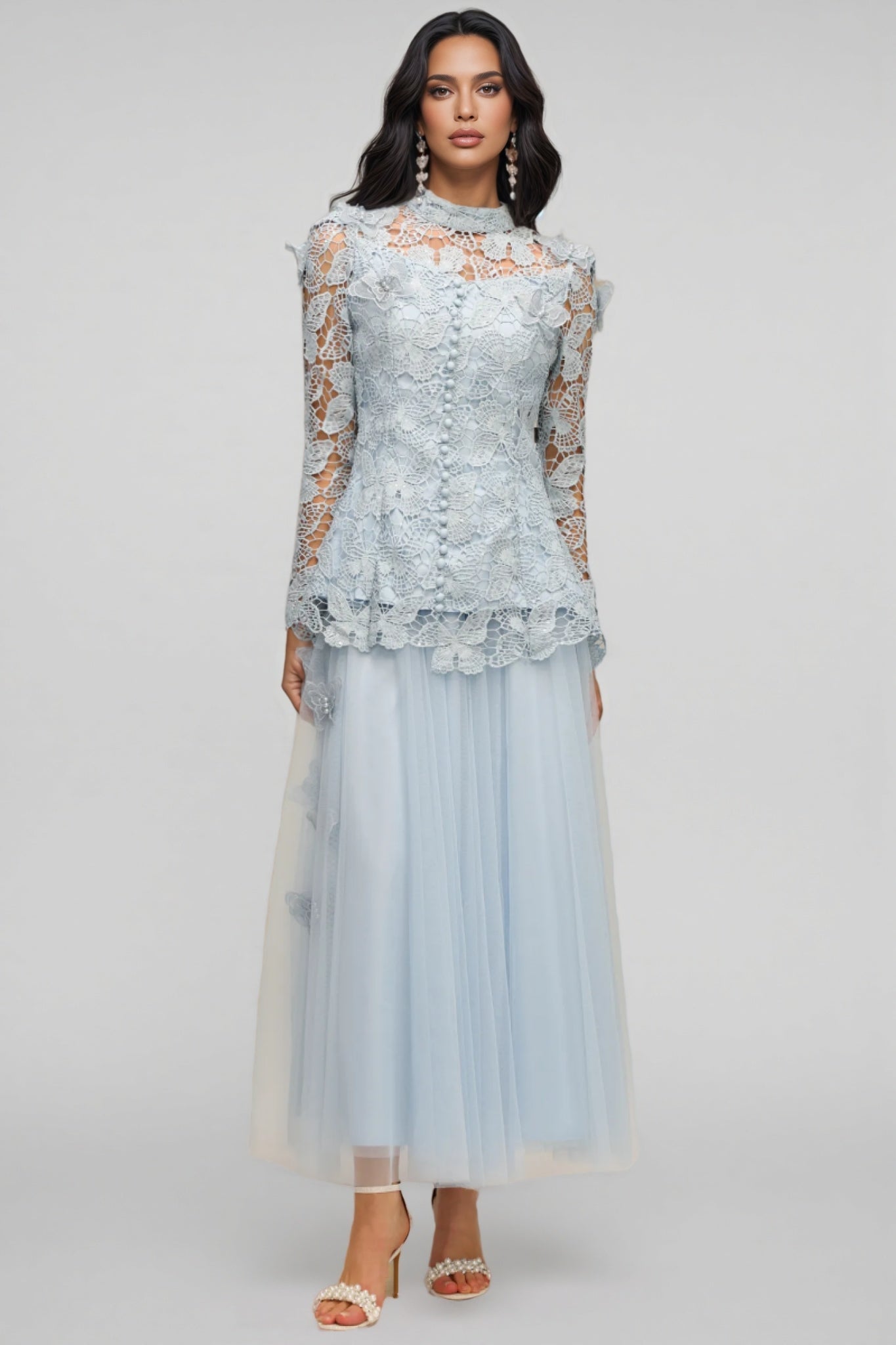 Butterfly Lace Long Sleeve Mock Neck Button Peplum Top Tulle Skirt Two Piece Set