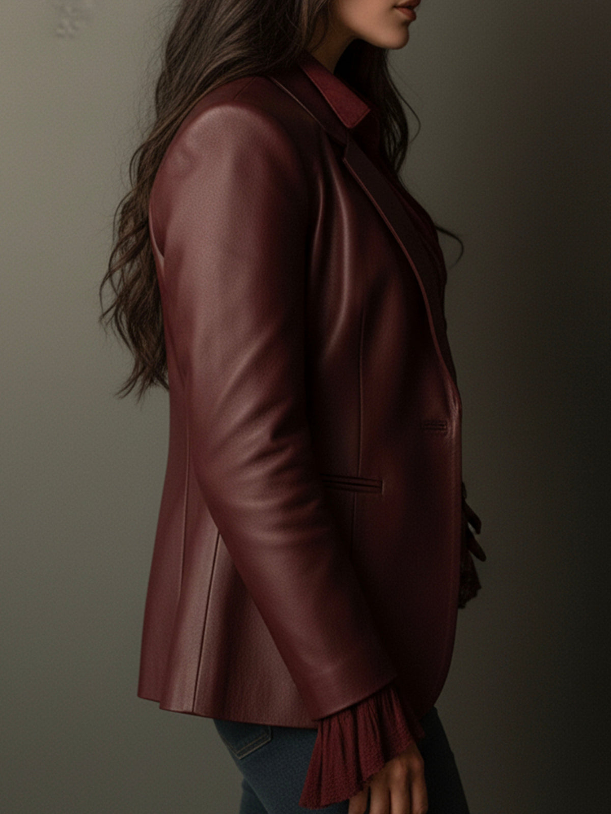 Faux Leather Ruffle Cuff Single Button Blazer