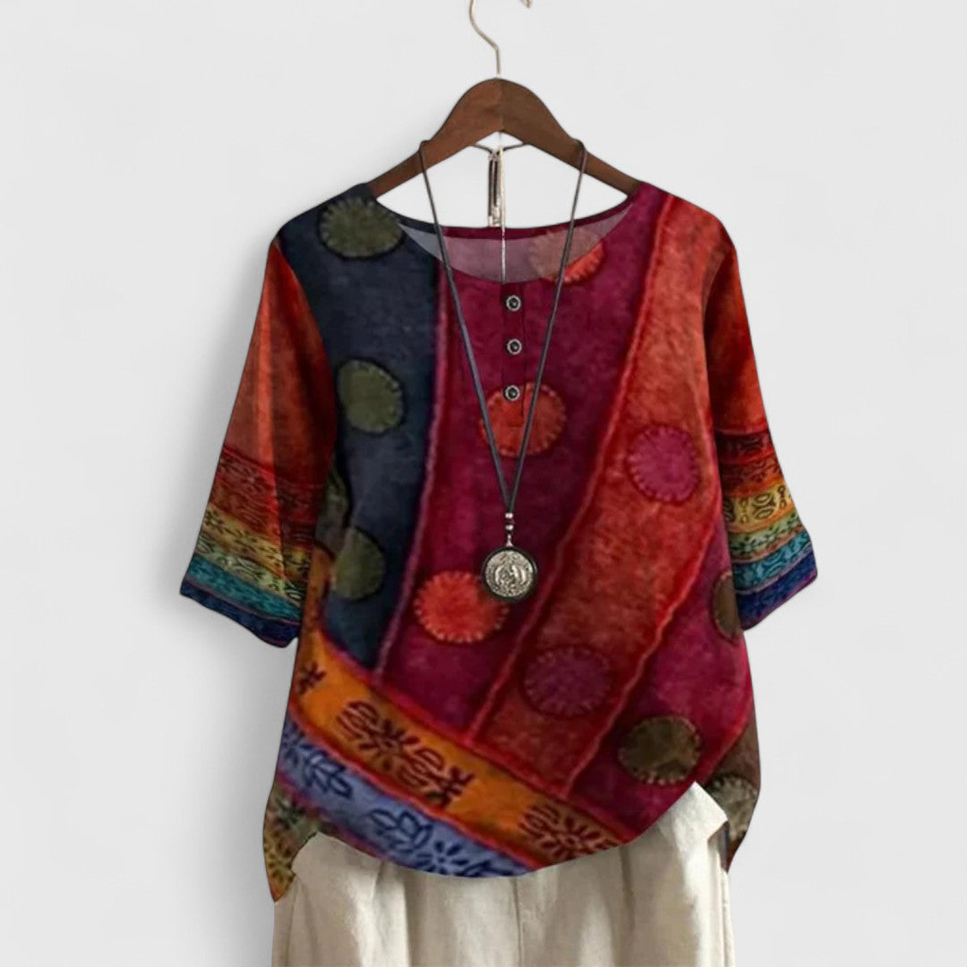 Button Front Ethnic Print Half Sleeve Tunic Top