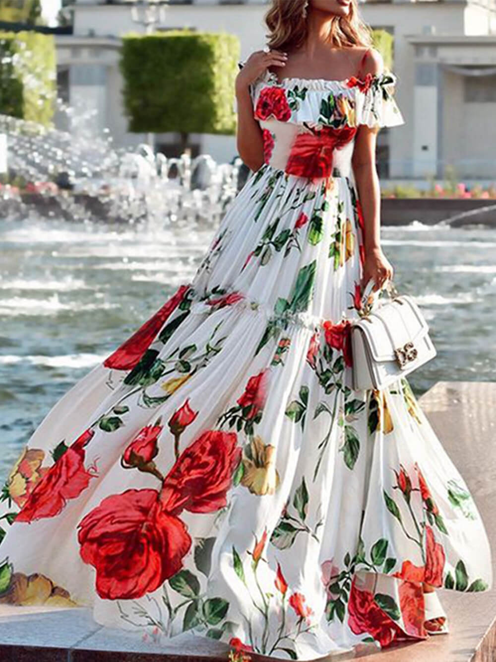 Floral Print Off Shoulder Ruffle Neck Tiered Pleated Maxi Prom Dress