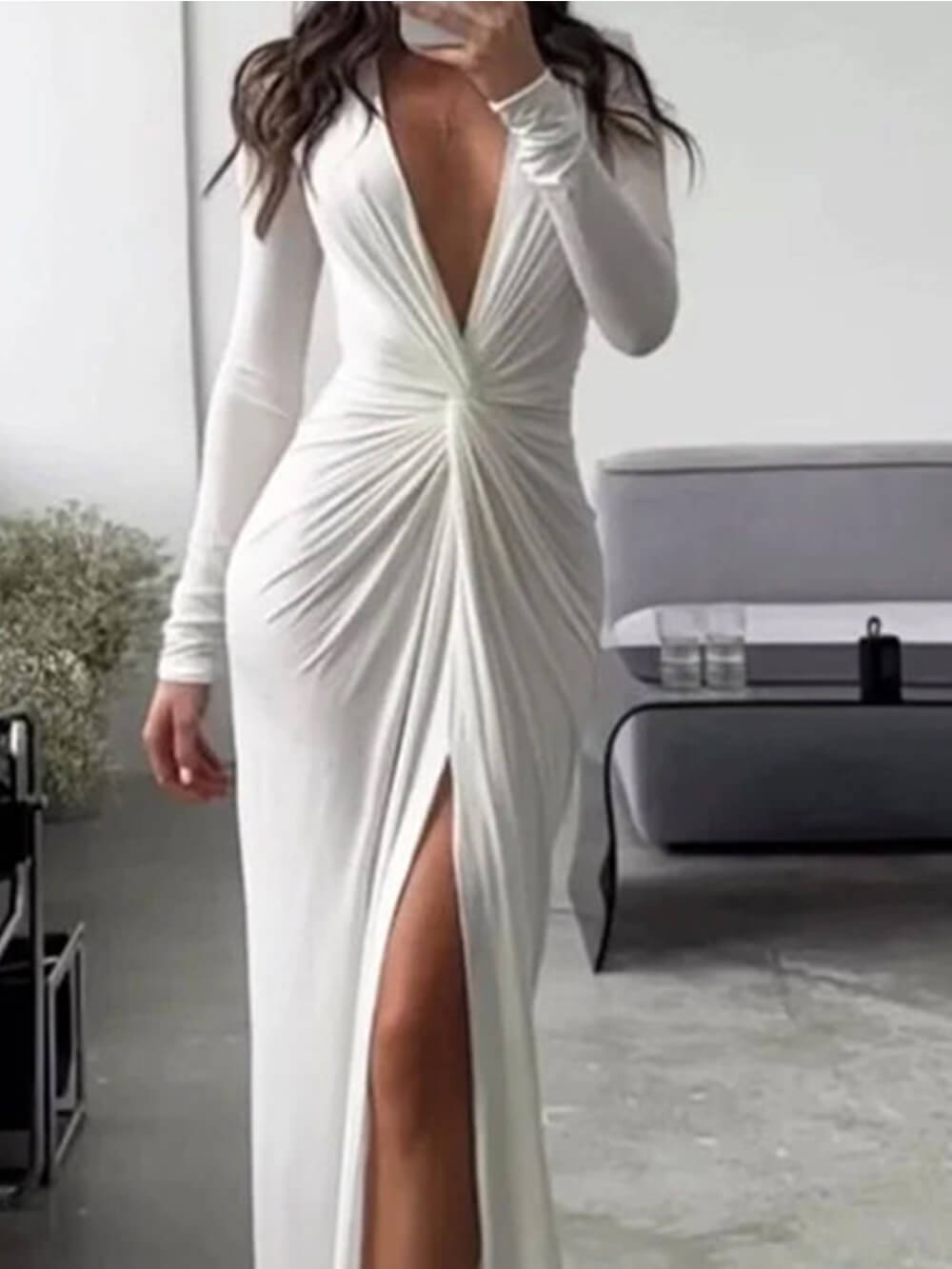 Alluring V Neck Long Sleeve Maxi Dress