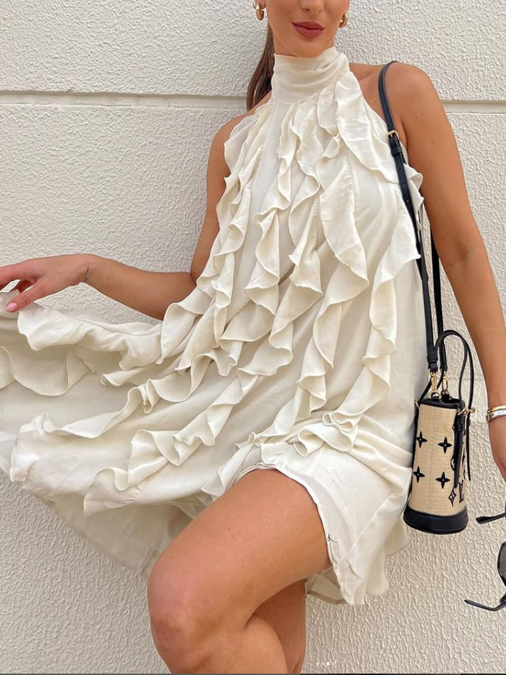 High Neck Sleeveless Ruffle Trim Satin Mini Dress
