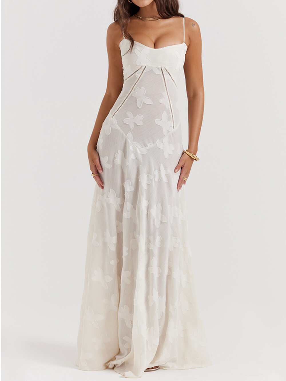 Classic Cream Floral Lace Back Maxi Dress