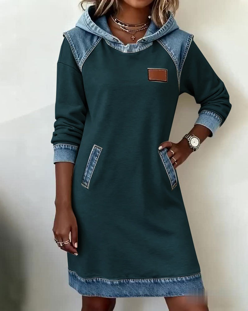 Hooded Long Sleeve Denim Patchwork Mini Dress Pocket 8