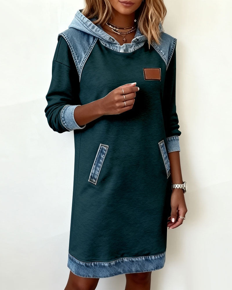 Hooded Long Sleeve Denim Patchwork Mini Dress Pocket 9