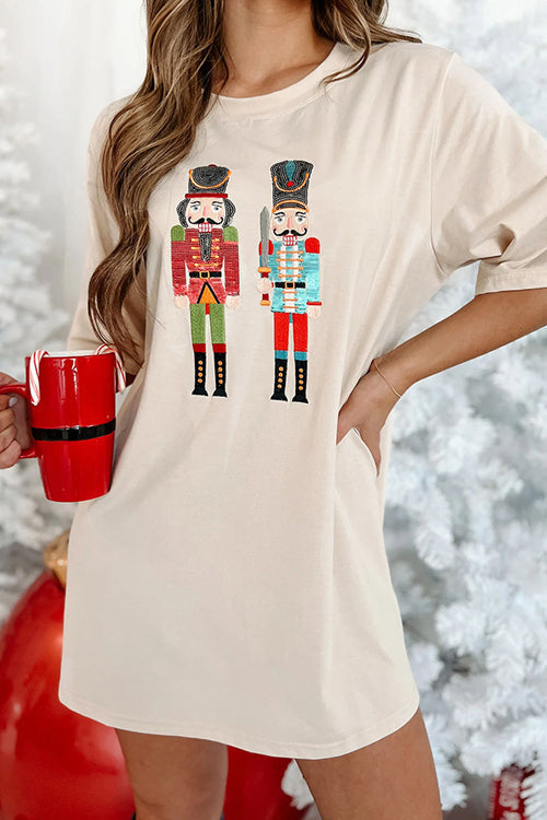 Sequin Crew Neck Short Sleeve Nutcracker Print Mini Dress