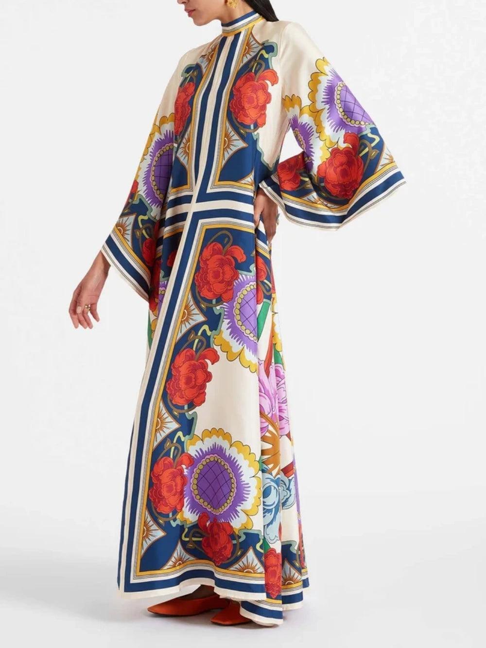 Exquisite Floral Print Draped Waterfall Sleeves Maxi Dress Red