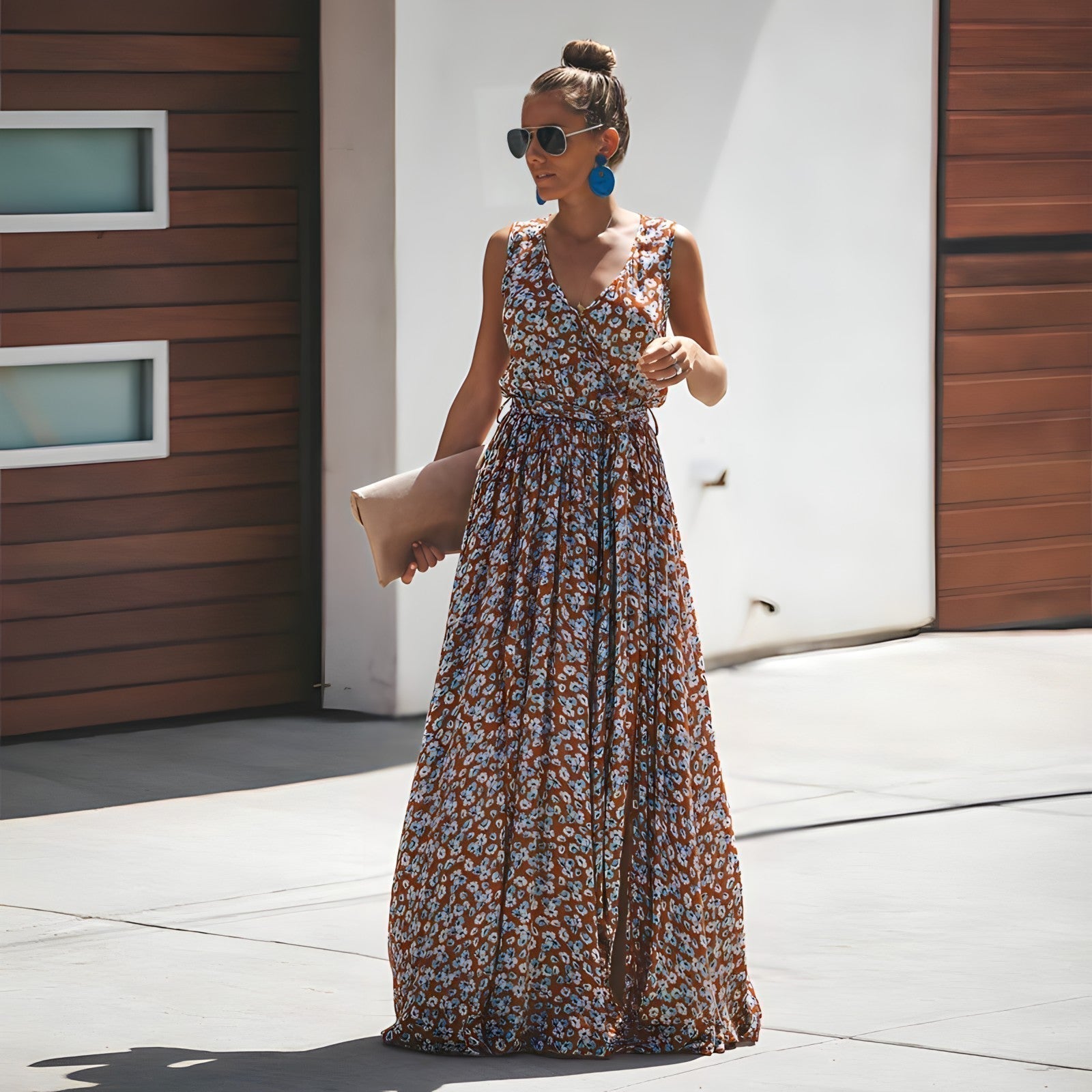 Floral Print V-Neck Wrap Sleeveless Belted Wide Leg Maxi Jumpsuit