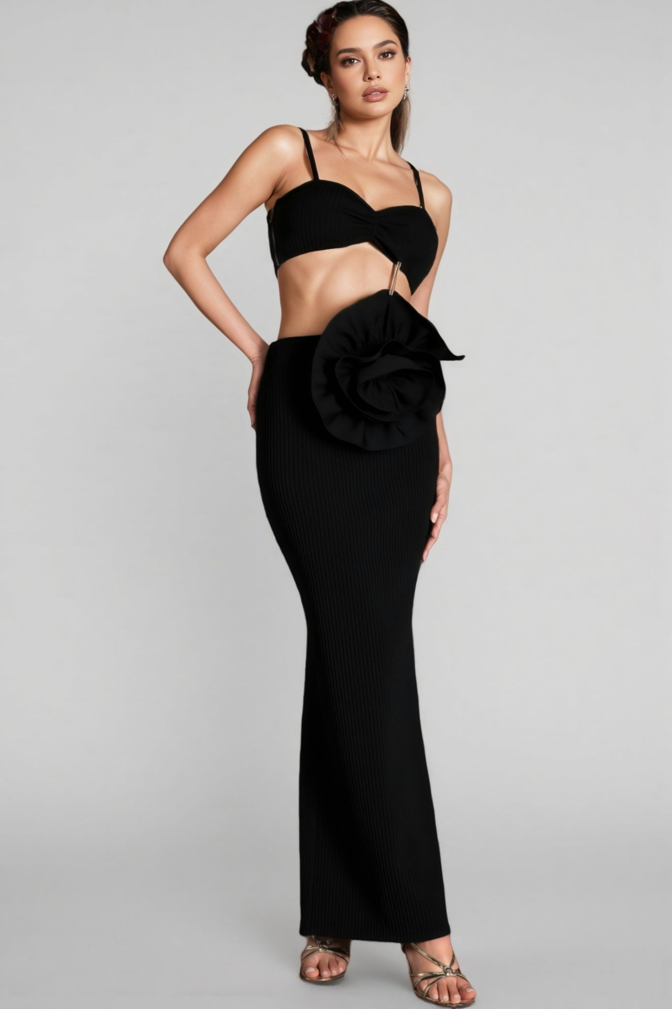 Ribbed Knit Twist Front Crop Top 3D Rosette Waist Maxi Skirt Two-Piece Set