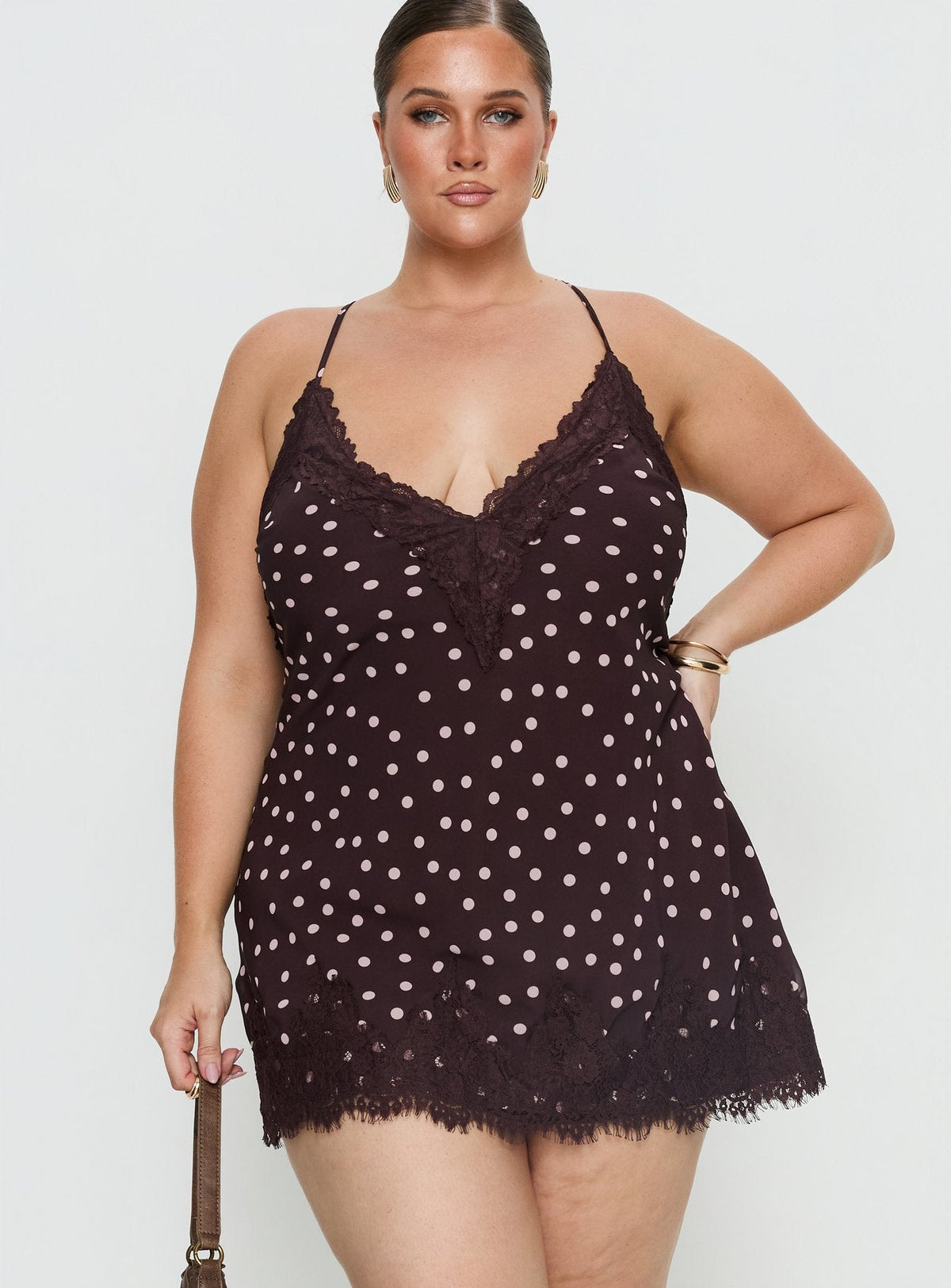Polka Dot Lace Trim V-Neck Cami Slip Mini Dress 2
