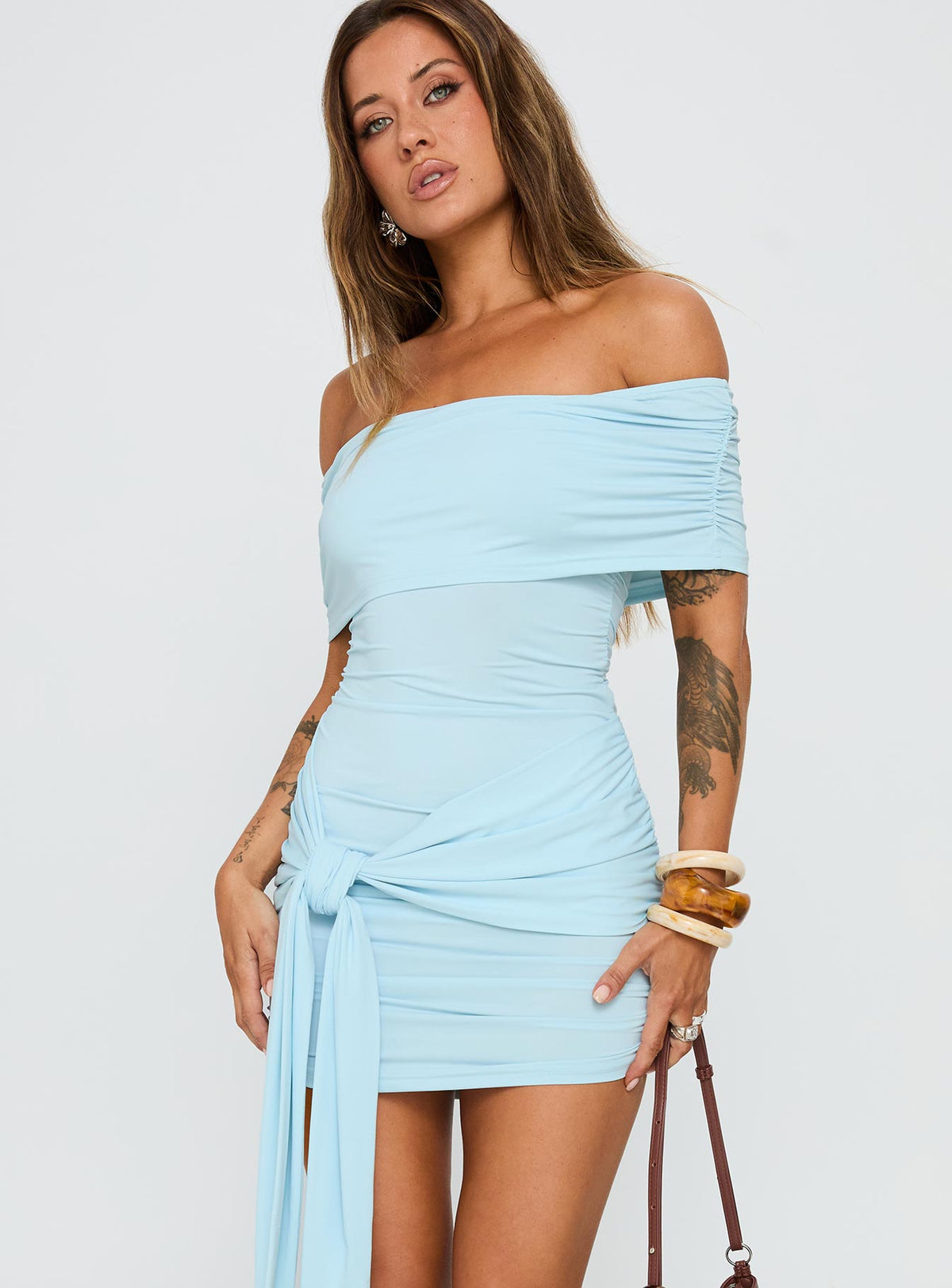 Off Shoulder Ruched Tie Waist Bodycon Mini Dress