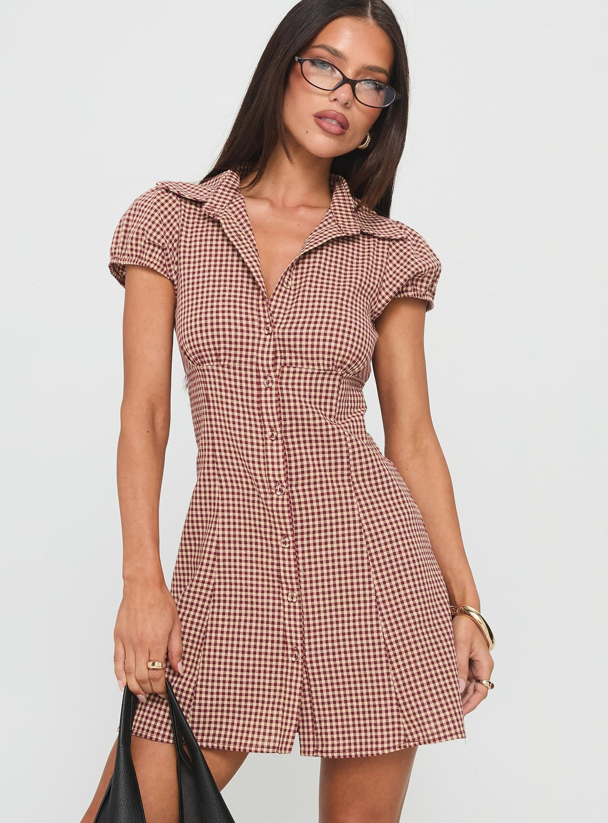 Gingham Collared Puff Sleeve Button Front A-Line Shirt Mini Dress