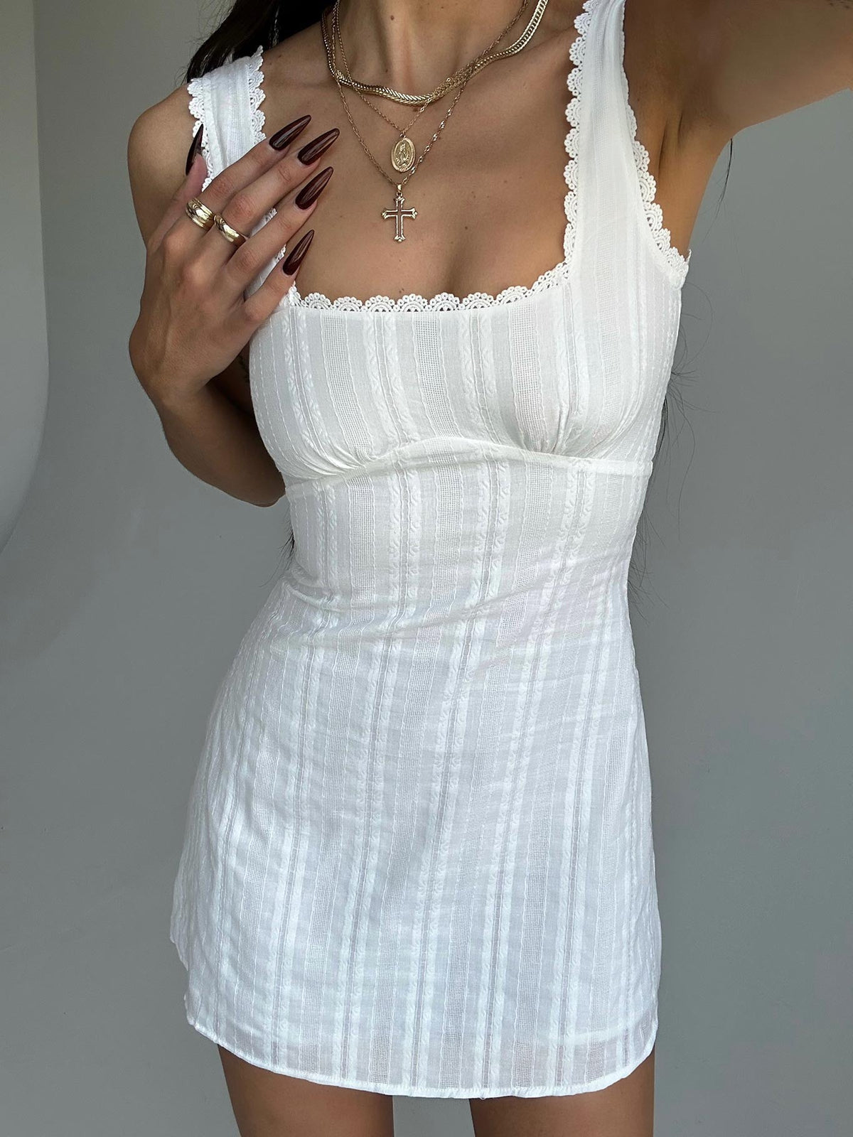 Textured Stripe Square Neck Lace Trim Sleeveless Mini Dress