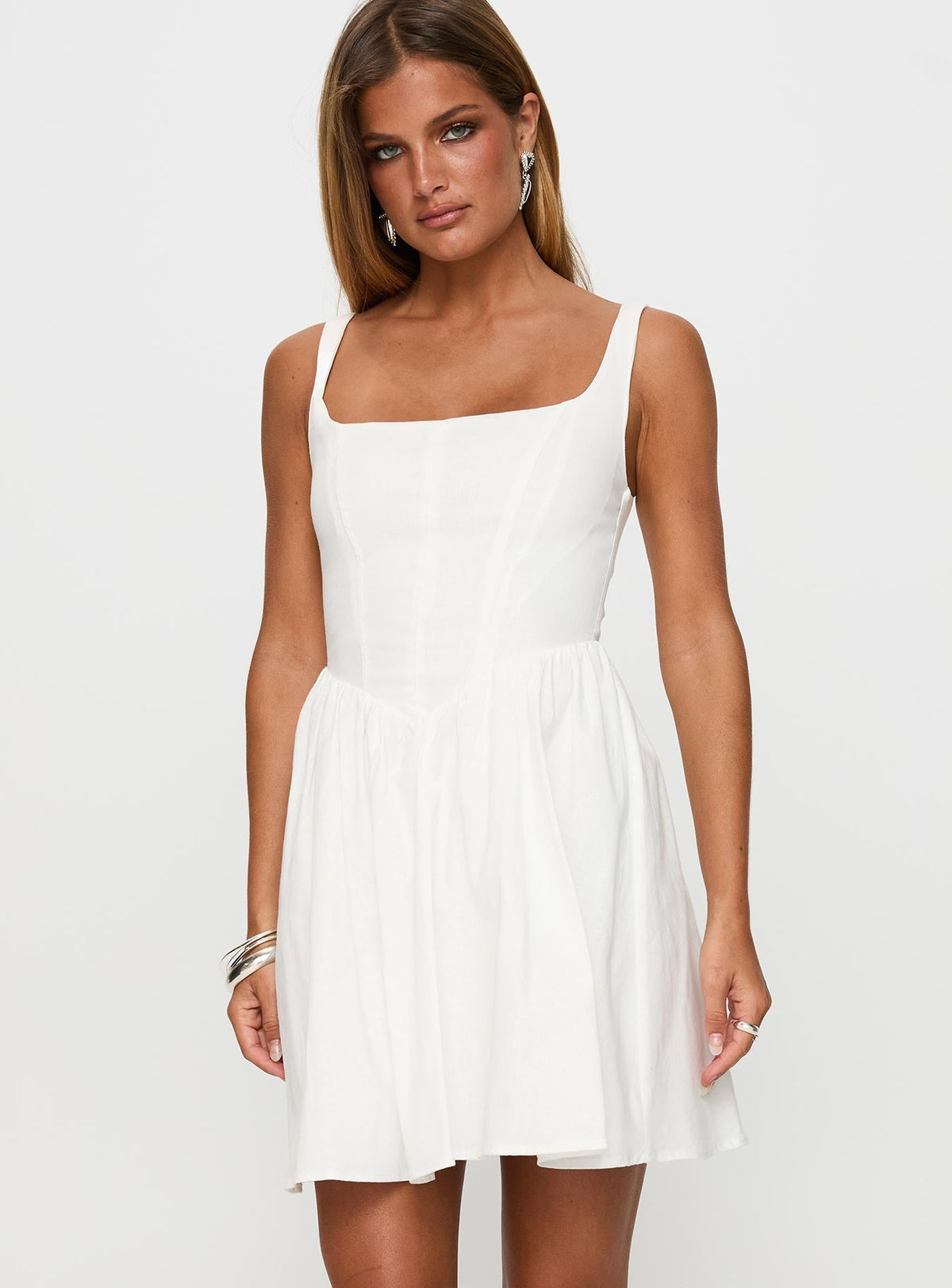 Square Neck Wide Strap Corset Bodice Basque Waist Fit and Flare Mini Dress 2