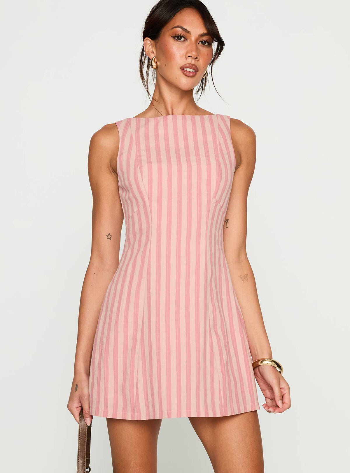Striped Boat Neck Sleeveless Seamed A-Line Mini Dress