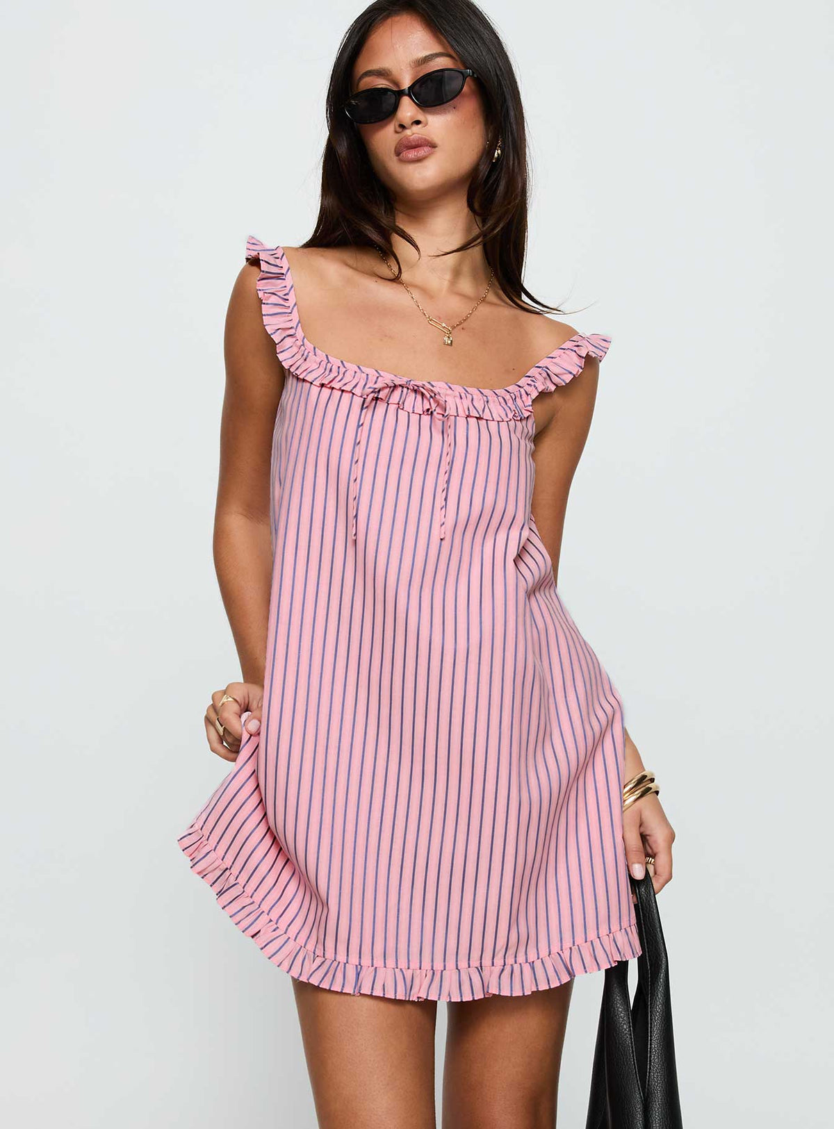 Striped Ruffle Trim Square Neck Tie Front Babydoll Mini Dress 2