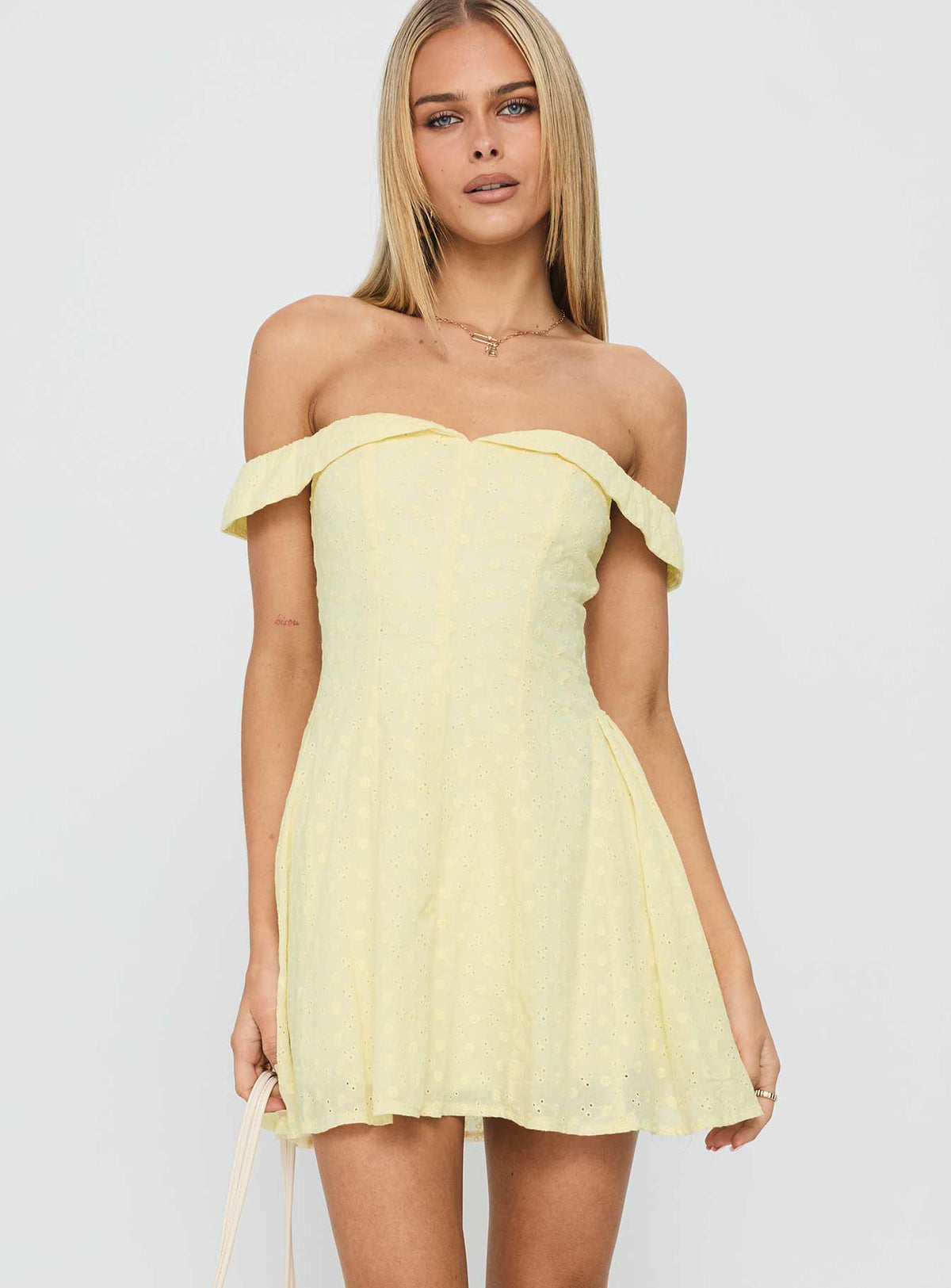 Eyelet Off Shoulder Foldover Neckline Fit and Flare Mini Dress 2