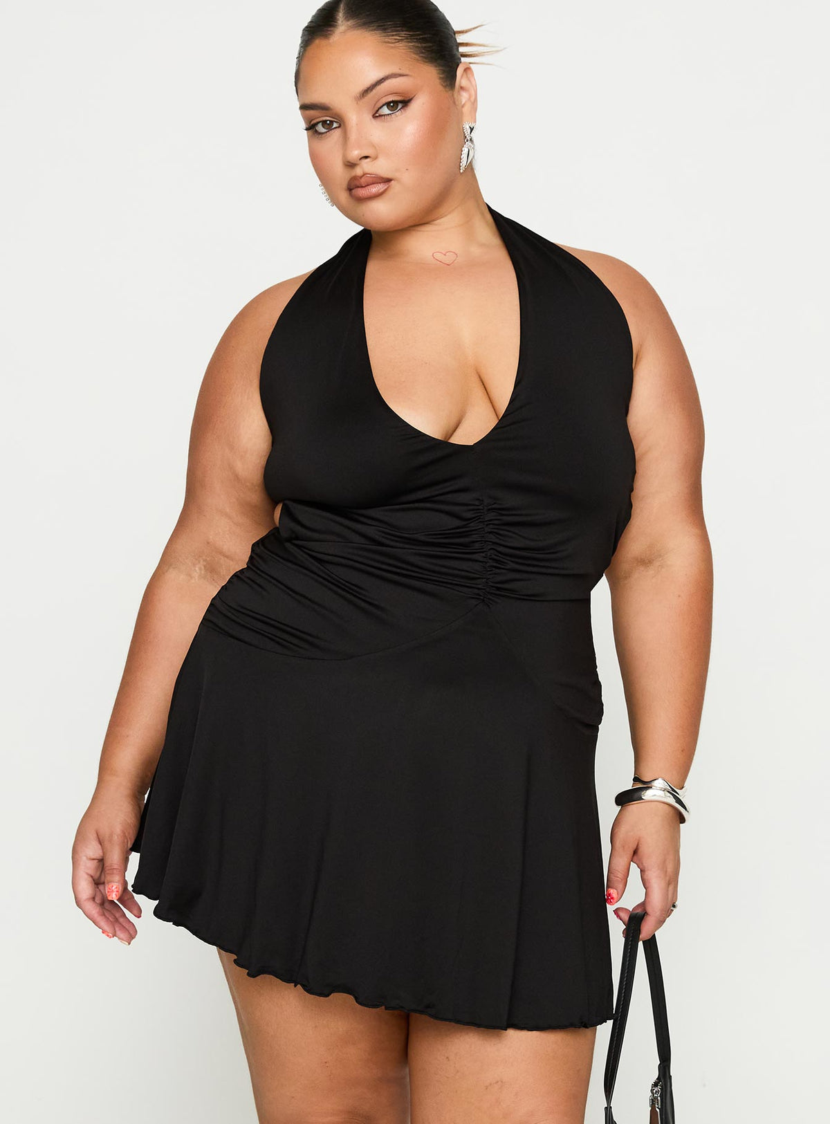 Plus Size Halter Deep V-Neck Ruched Lettuce Hem Flared Mini Dress 2