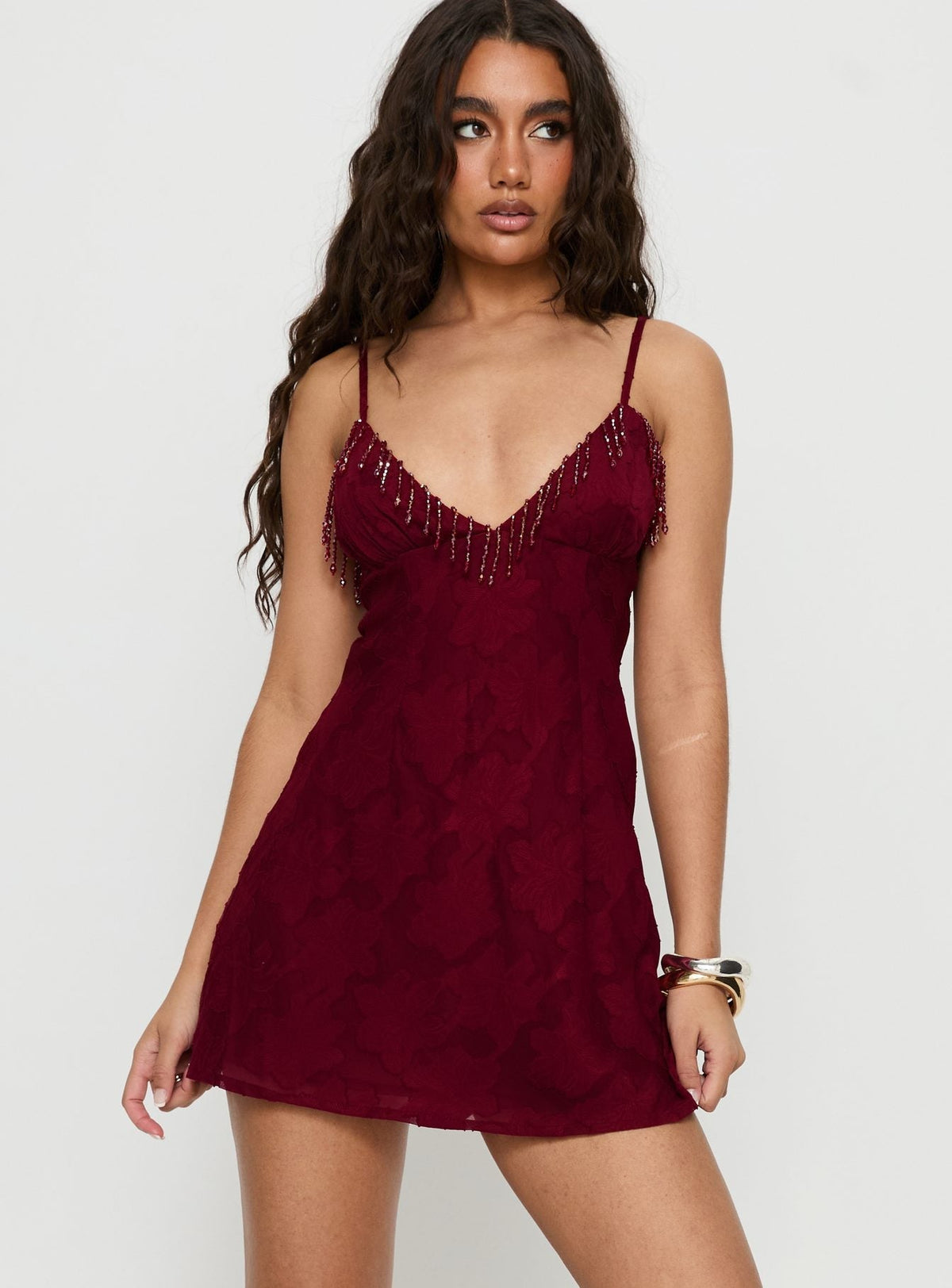 Floral Lace V-Neck Beaded Fringe Trim Cami Mini Dress