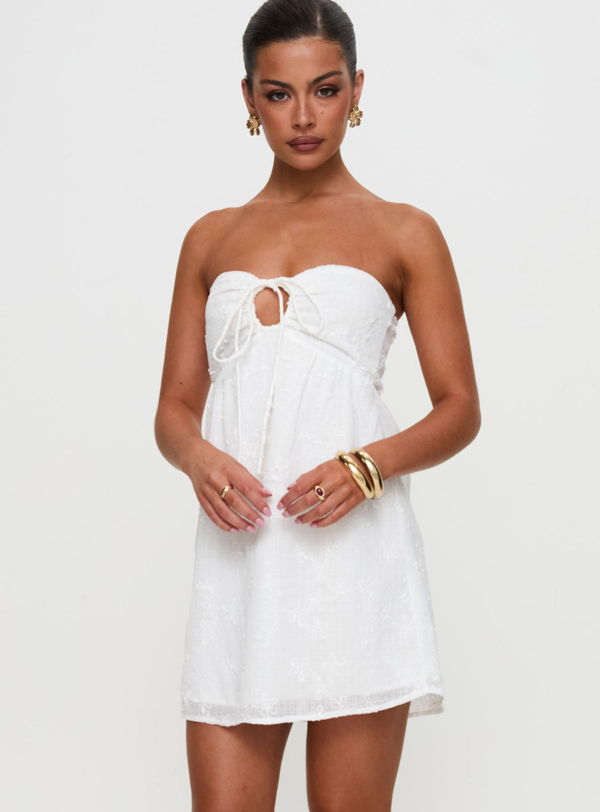Embroidered Strapless Keyhole Tie Front Babydoll Mini Dress 5