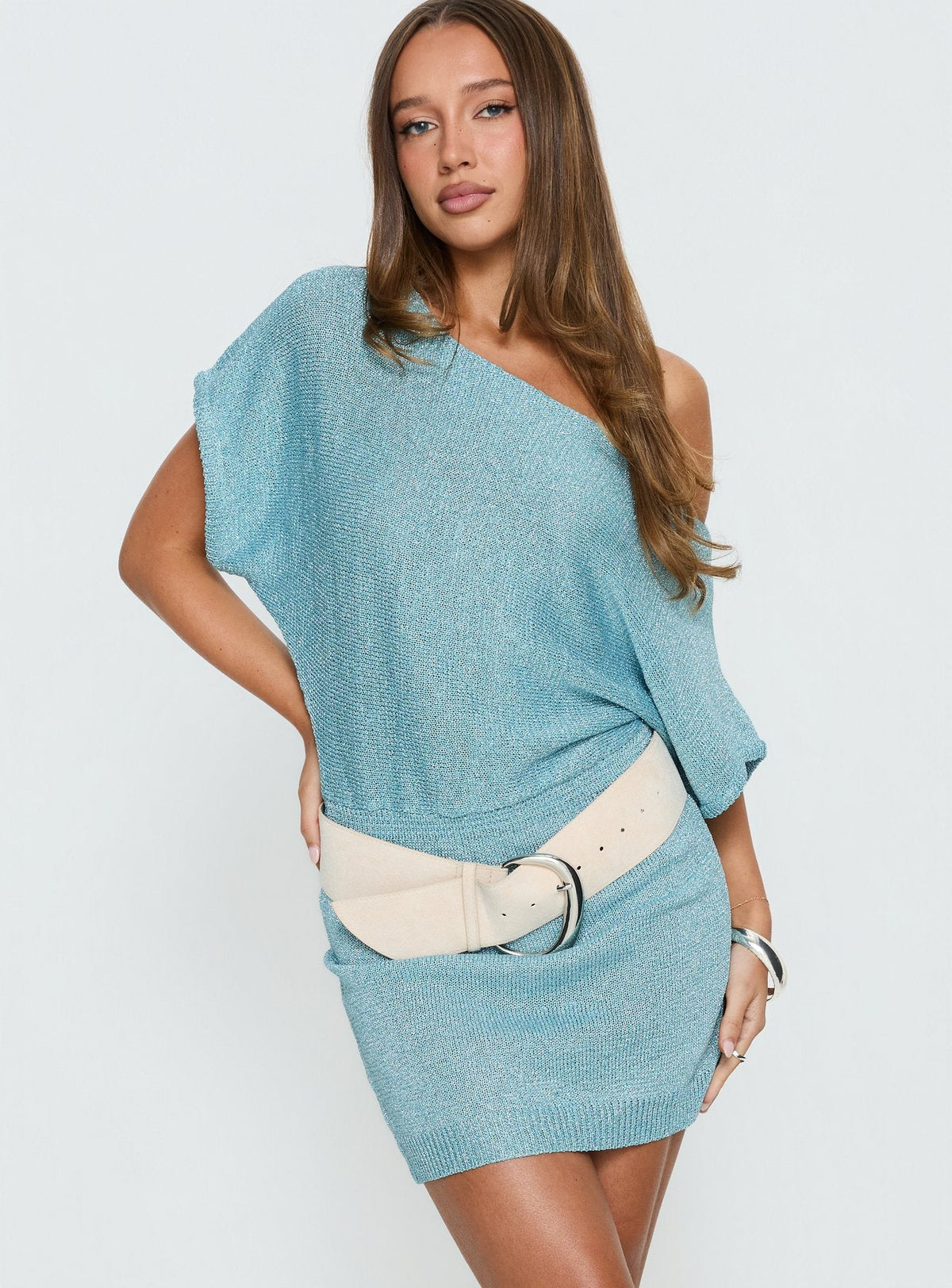 Metallic Knit Off Shoulder Batwing Sleeve Mini Sweater Dress