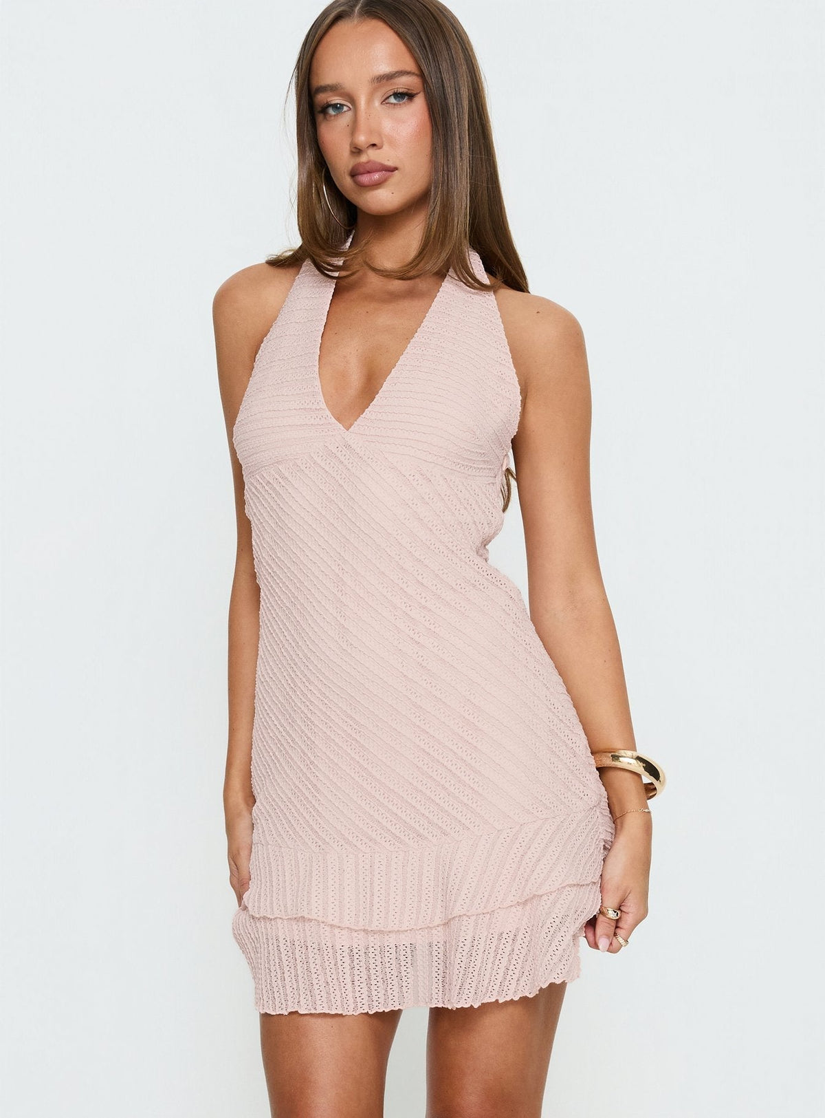 Textured Knit Halter V-Neck Layered Ruffle Hem Mini Dress