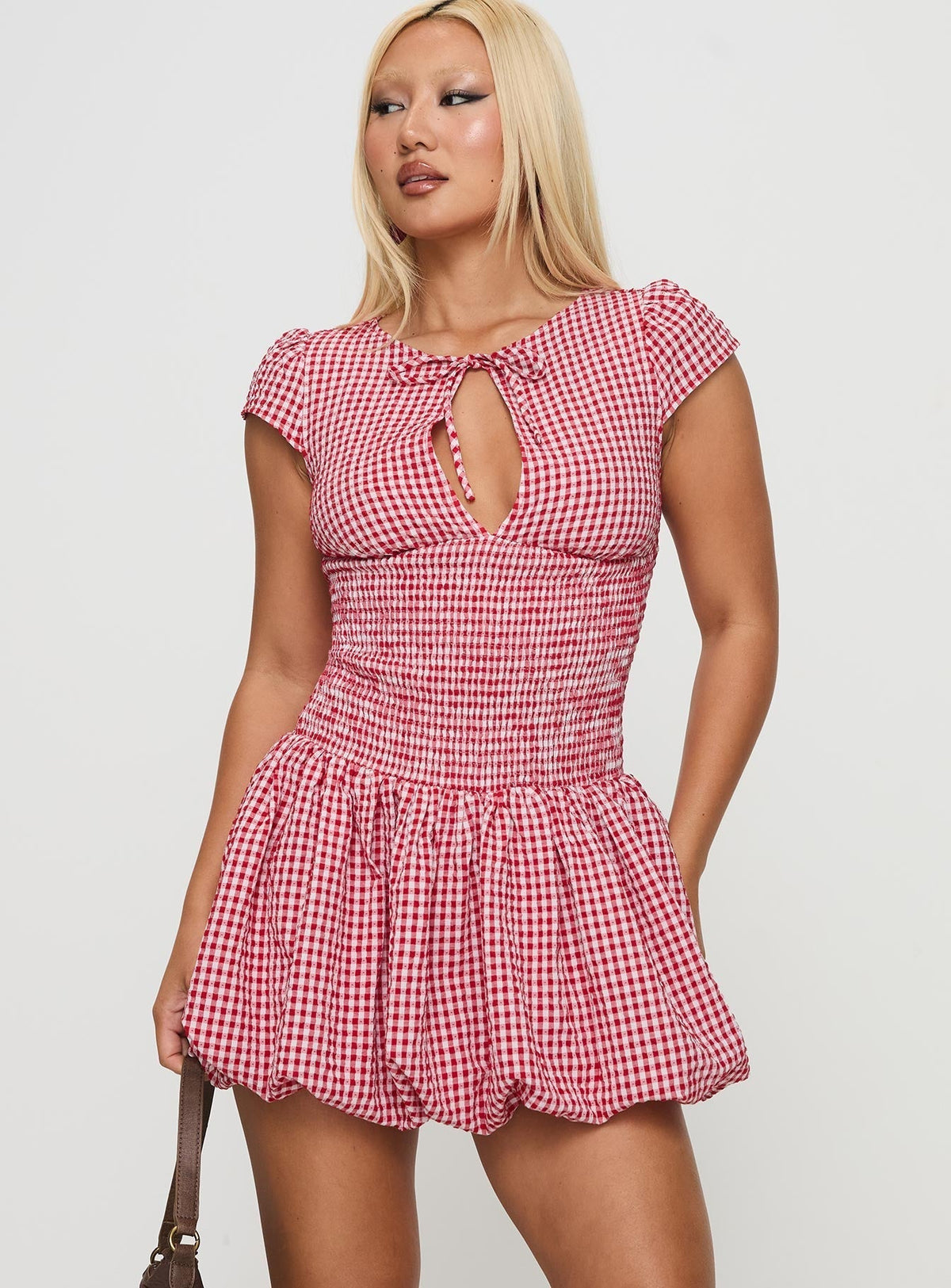 Gingham Keyhole Tie Neck Smocked Waist Bubble Hem Mini Dress 2
