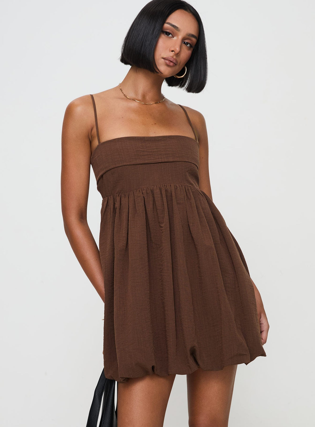 Spaghetti Strap Straight Neck Empire Waist Bubble Hem Mini Dress 2