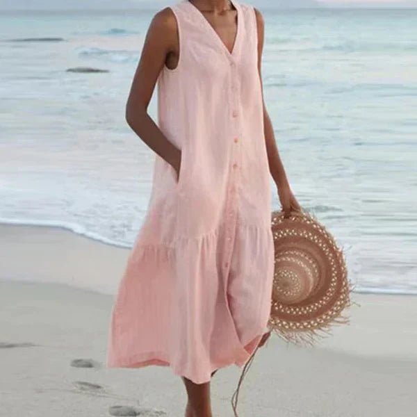 V-Neck Button Front Sleeveless Tiered Pocket Shift Midi Summer Dress
