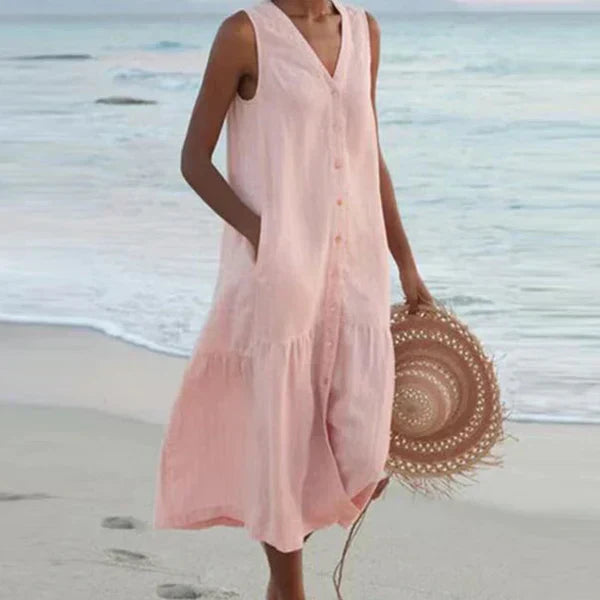 V-Neck Button Front Sleeveless Tiered Pocket Shift Midi Summer Dress - View 3