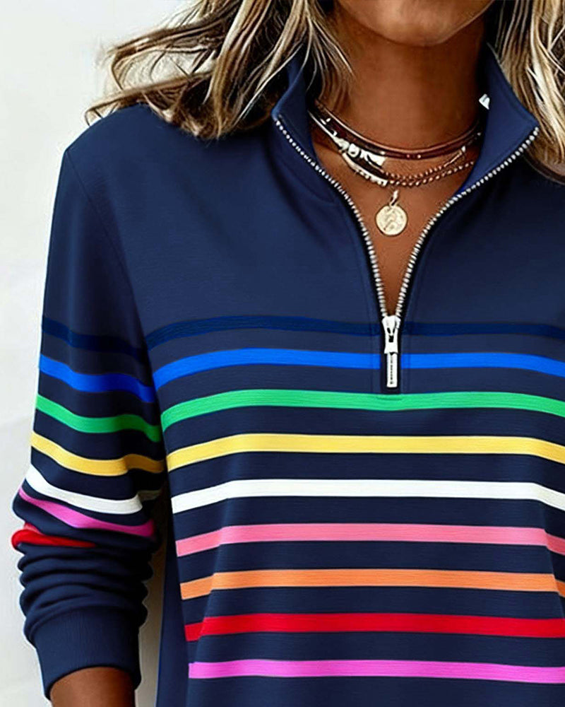 Striped Quarter Zip Mock Neck Long Sleeve Sweatshirt