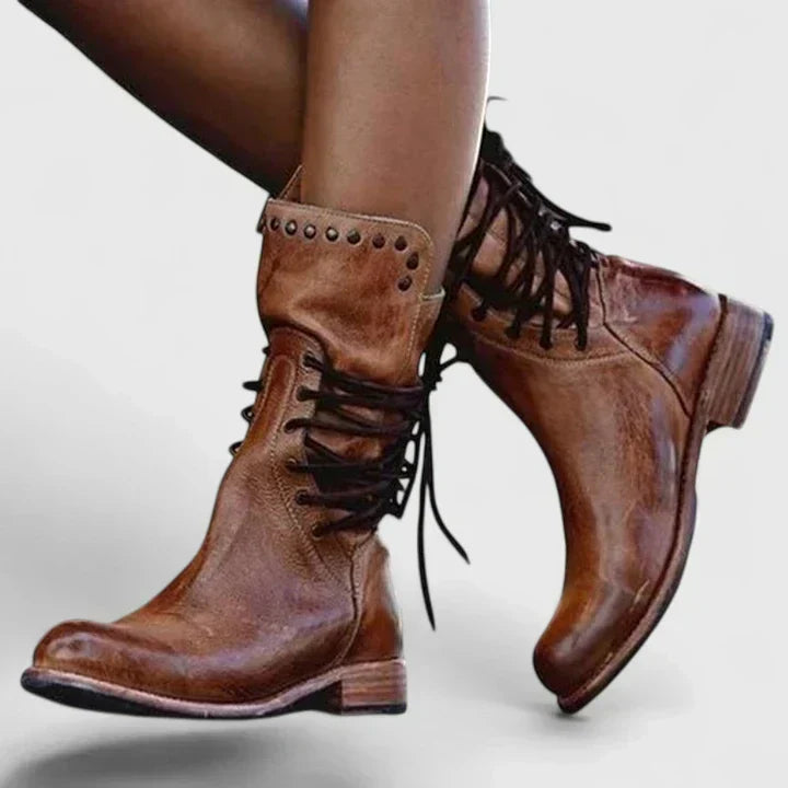 Lace Up Studded Stacked Heel Mid Calf Boots