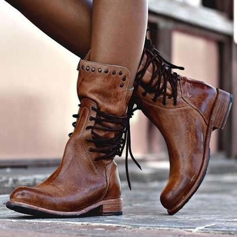 Lace Up Studded Block Heel Mid Calf Boots