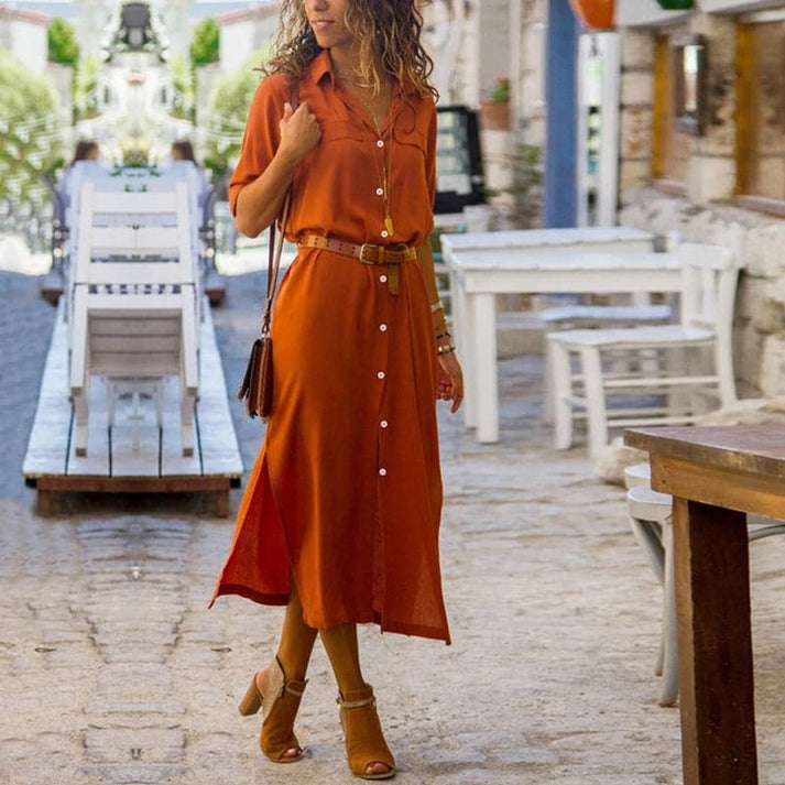 Belted Long Sleeve Button Down Side Slit Midi Shirt Dress