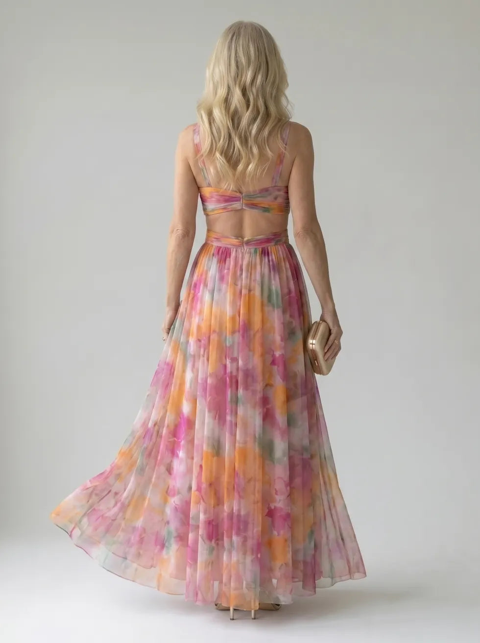 Floral V-Neck Twist Front Sleeveless Mesh Maxi Dress