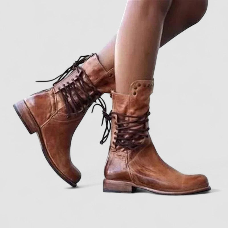 Lace Up Studded Block Heel Mid Calf Boots