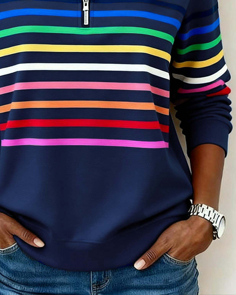 Striped Quarter Zip Mock Neck Long Sleeve Sweatshirt