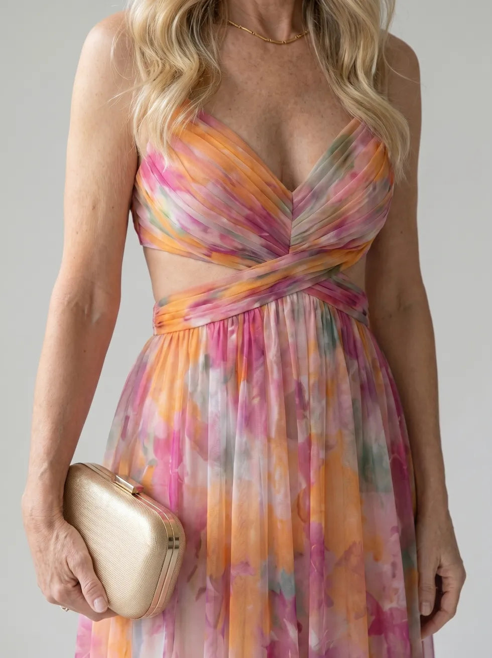 Floral V-Neck Twist Front Sleeveless Mesh Maxi Dress