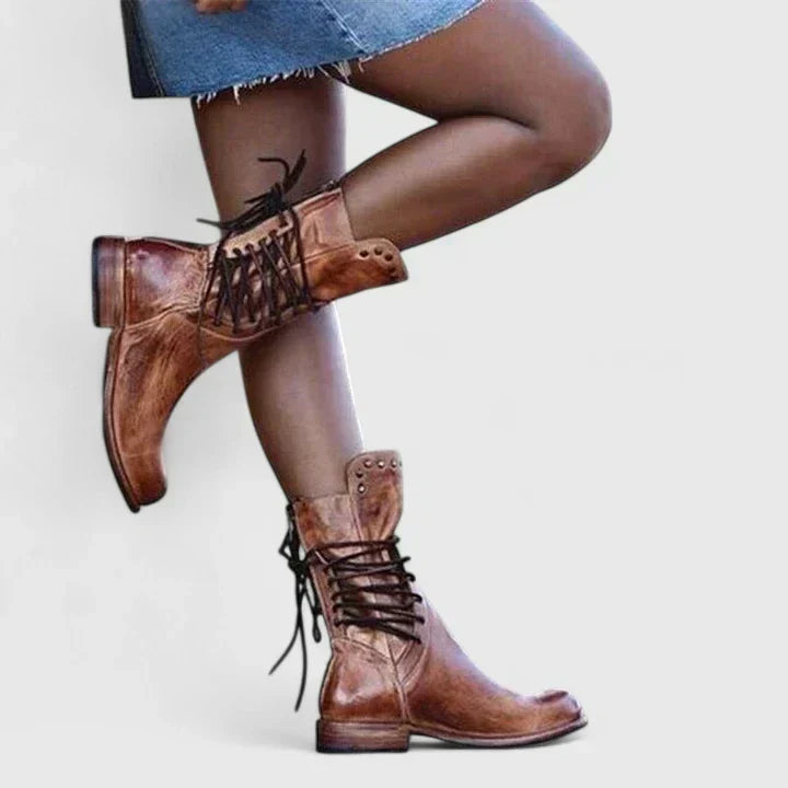 Lace Up Studded Stacked Heel Mid Calf Boots