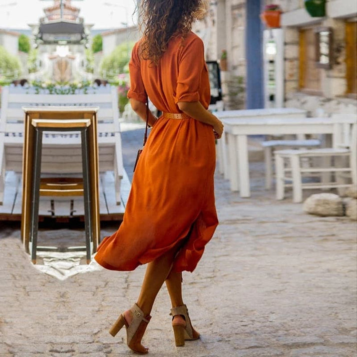 Belted Long Sleeve Button Down Side Slit Midi Shirt Dress