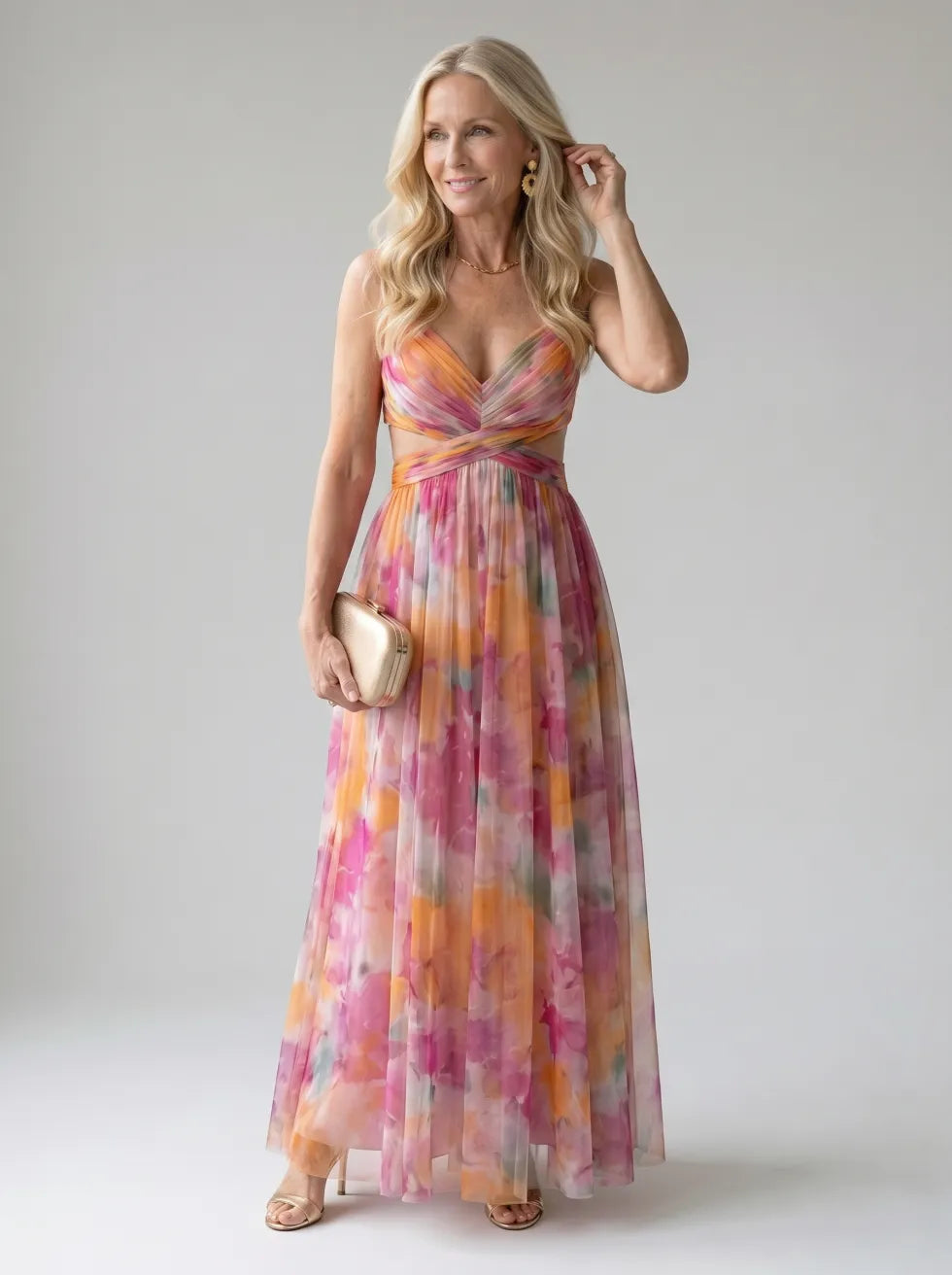 Floral V-Neck Twist Front Sleeveless Mesh Maxi Dress