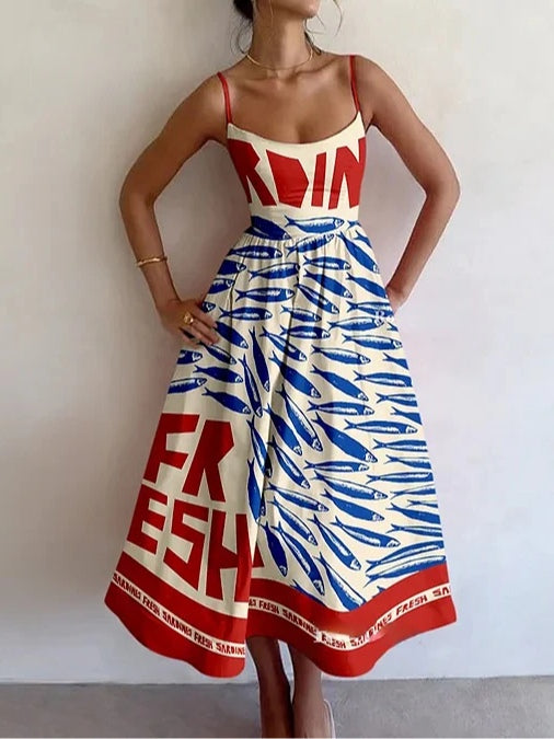 Vintage Sardine Print Suspender Dress Red
