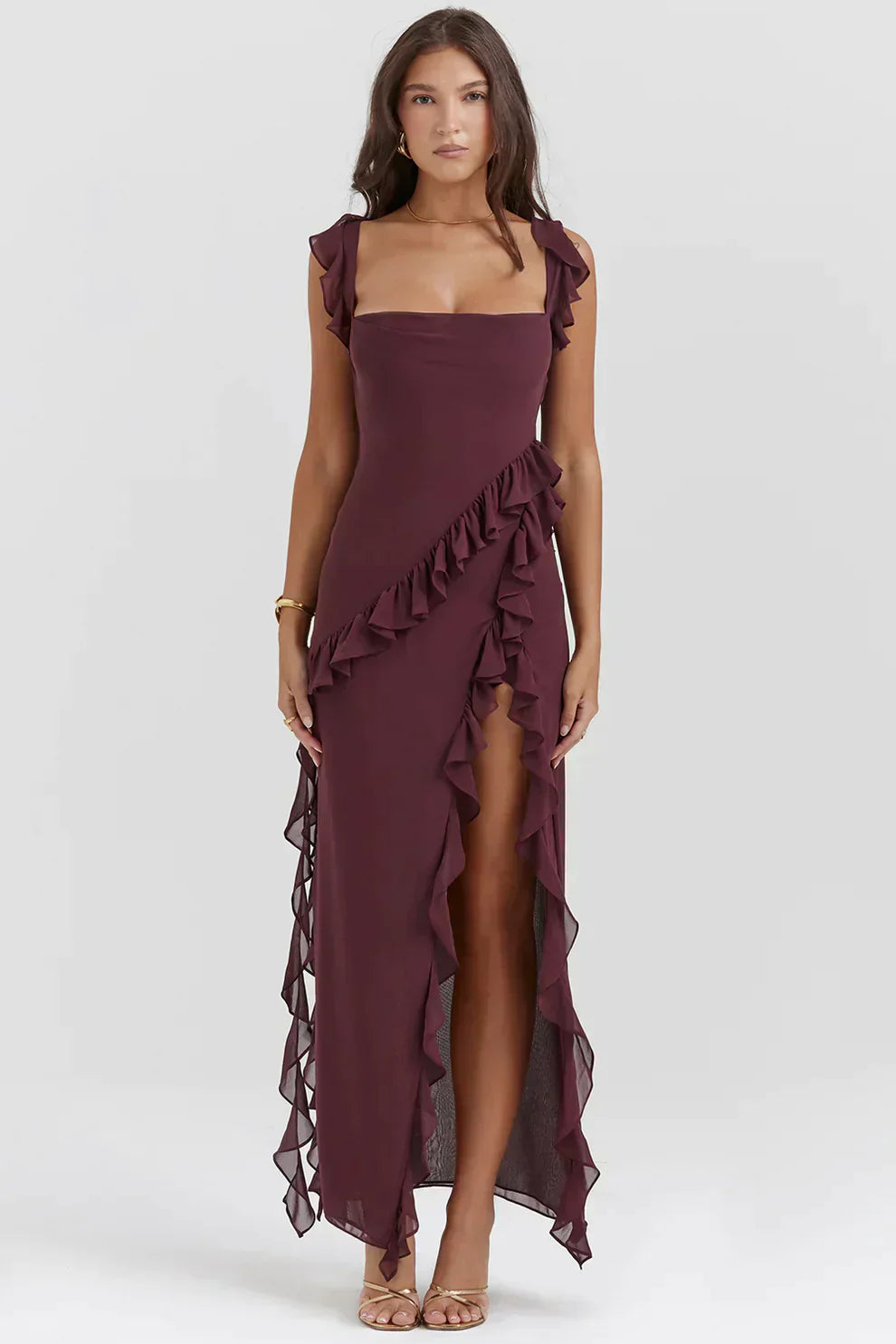 Square Neck Ruffle Strap High Split Ruffle Trim Maxi Gown