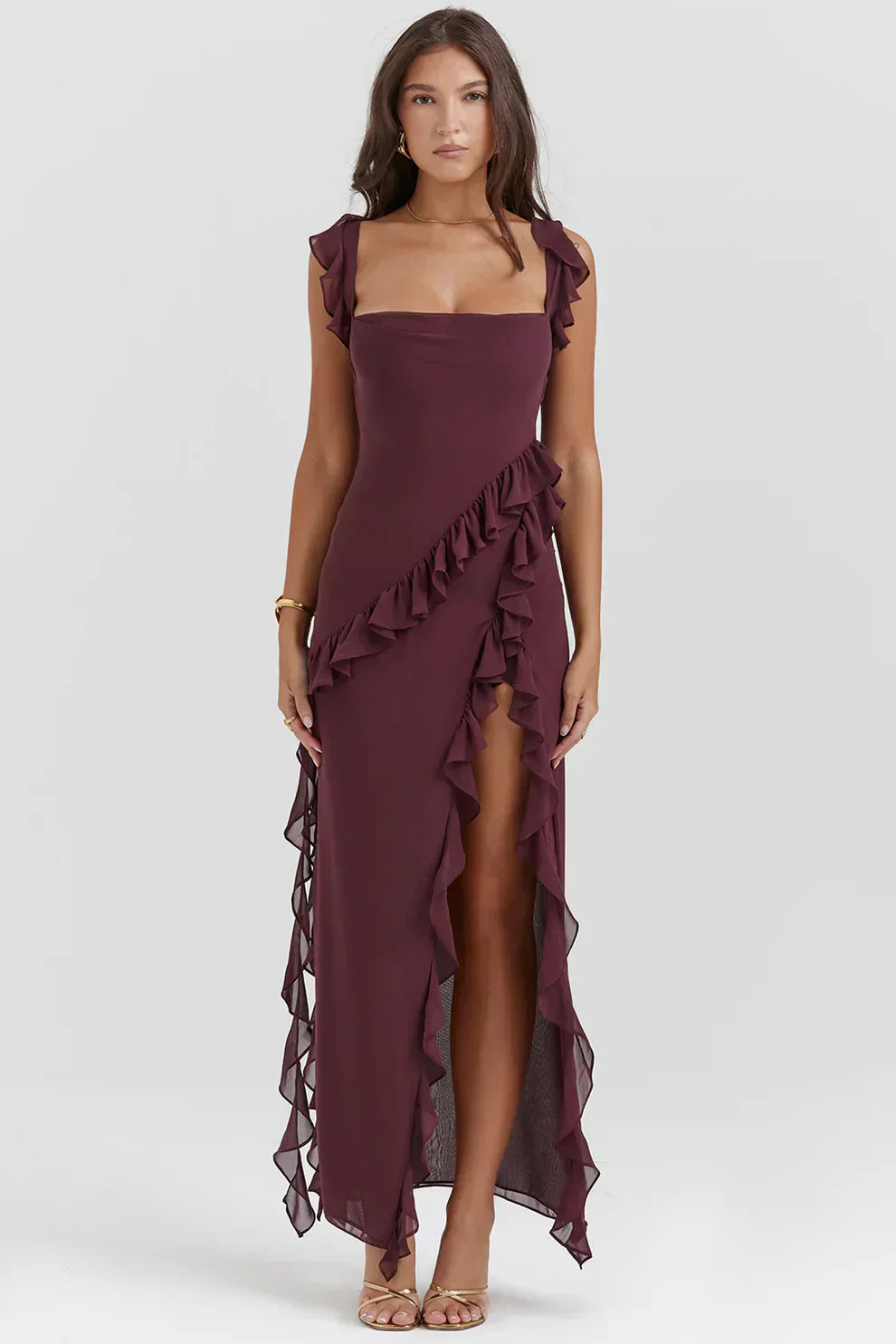 Chiffon Square Neck Ruffle Strap High Split Maxi Gown