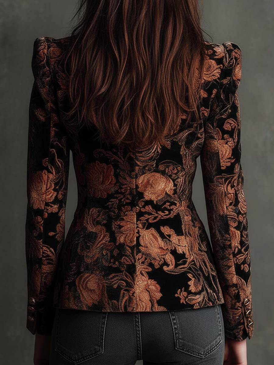 Floral Brocade Velvet Single Button Blazer